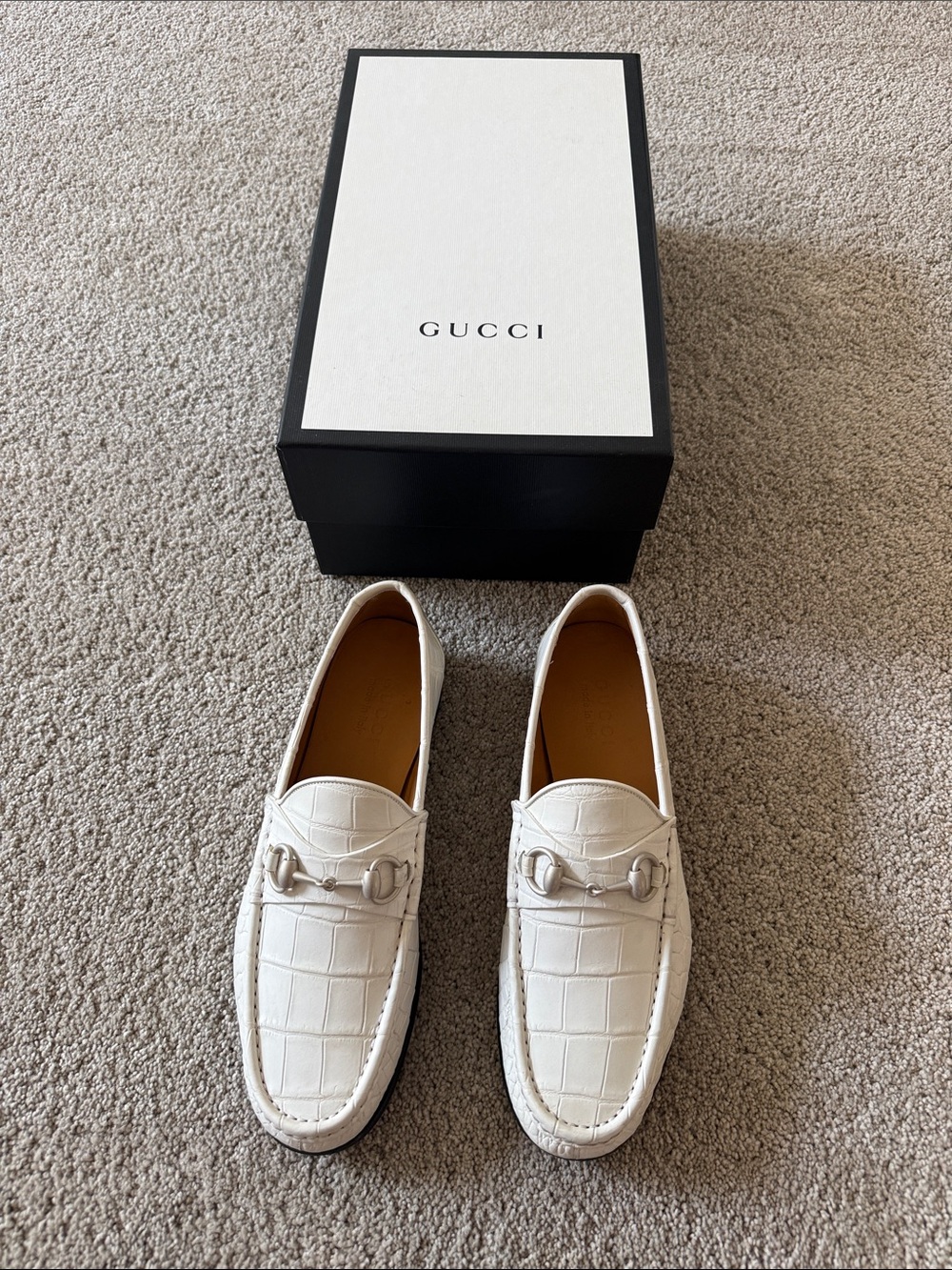 Gucci White Croc-Embossed Leather Horsebit Slip-Ons - Men